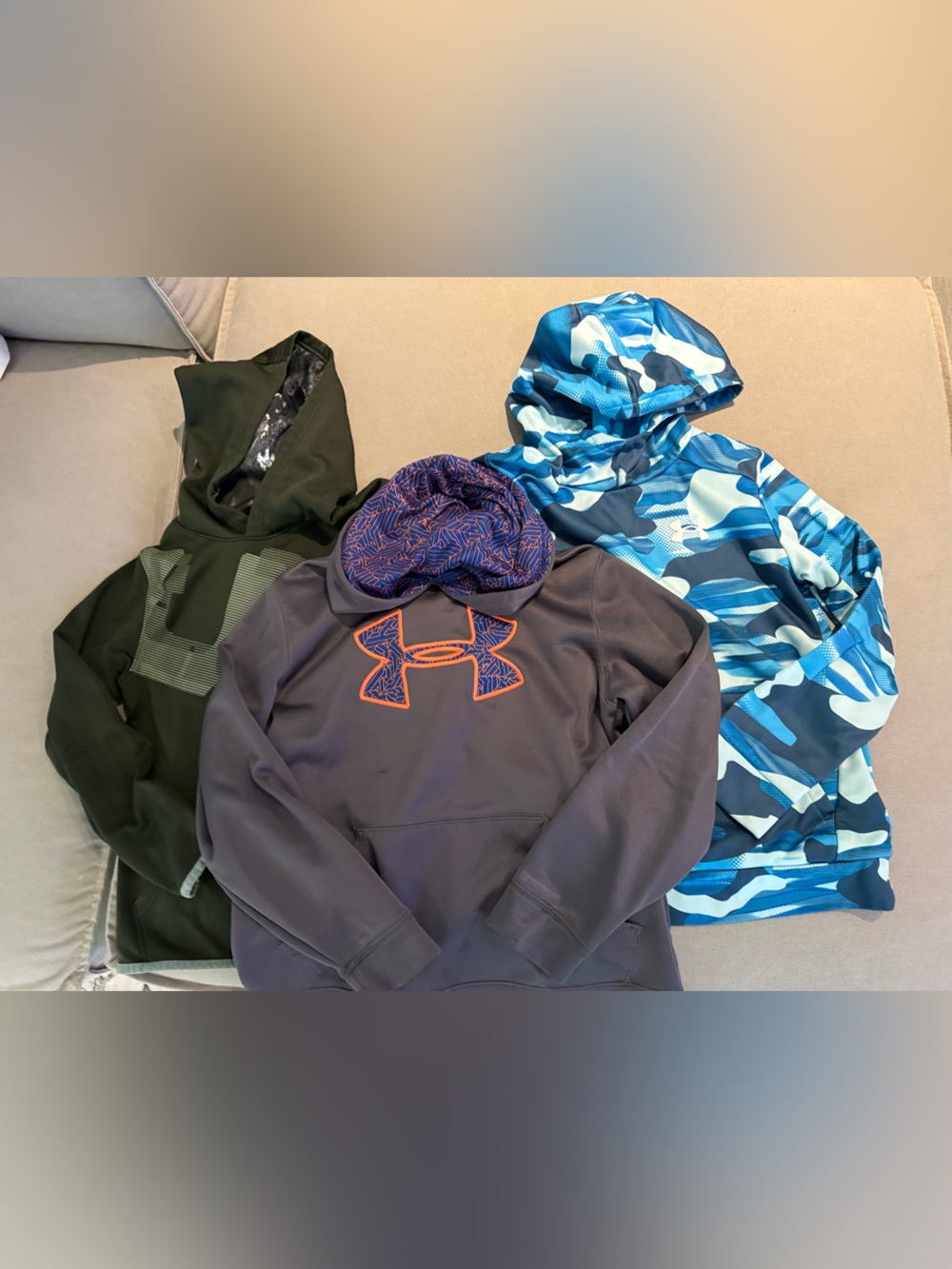 Lot of 3 Under Armour Kids' Gray green and blue camo. youth M